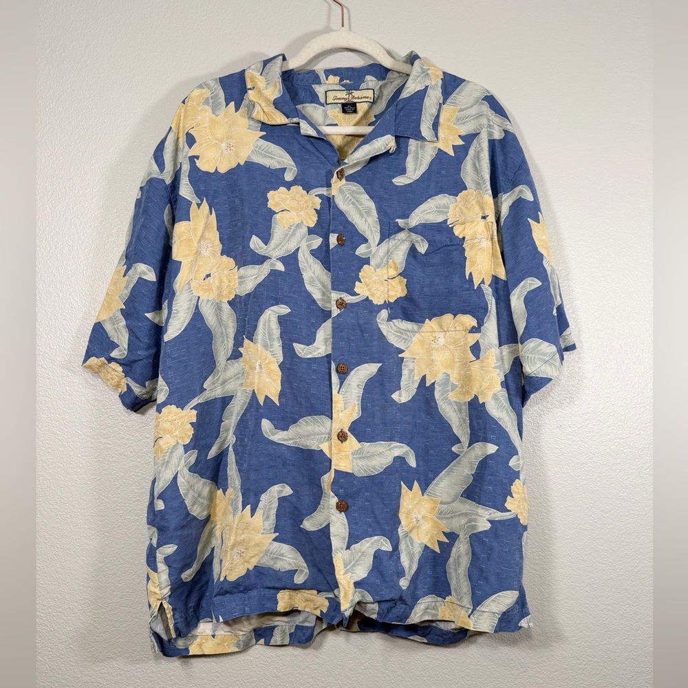 Tommy Bahama Shirt Wood Button Down Blue Yellow Floral Hawaiian Beach Men XL
